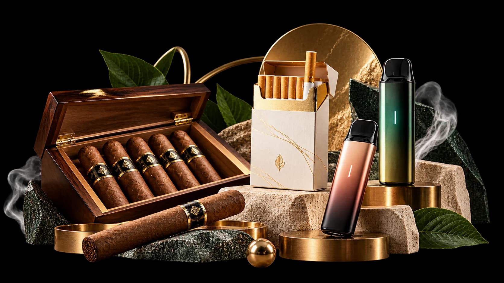 Cigars in an open walnut humidor, an open cigarette pack and two pod vapes on brass plinths